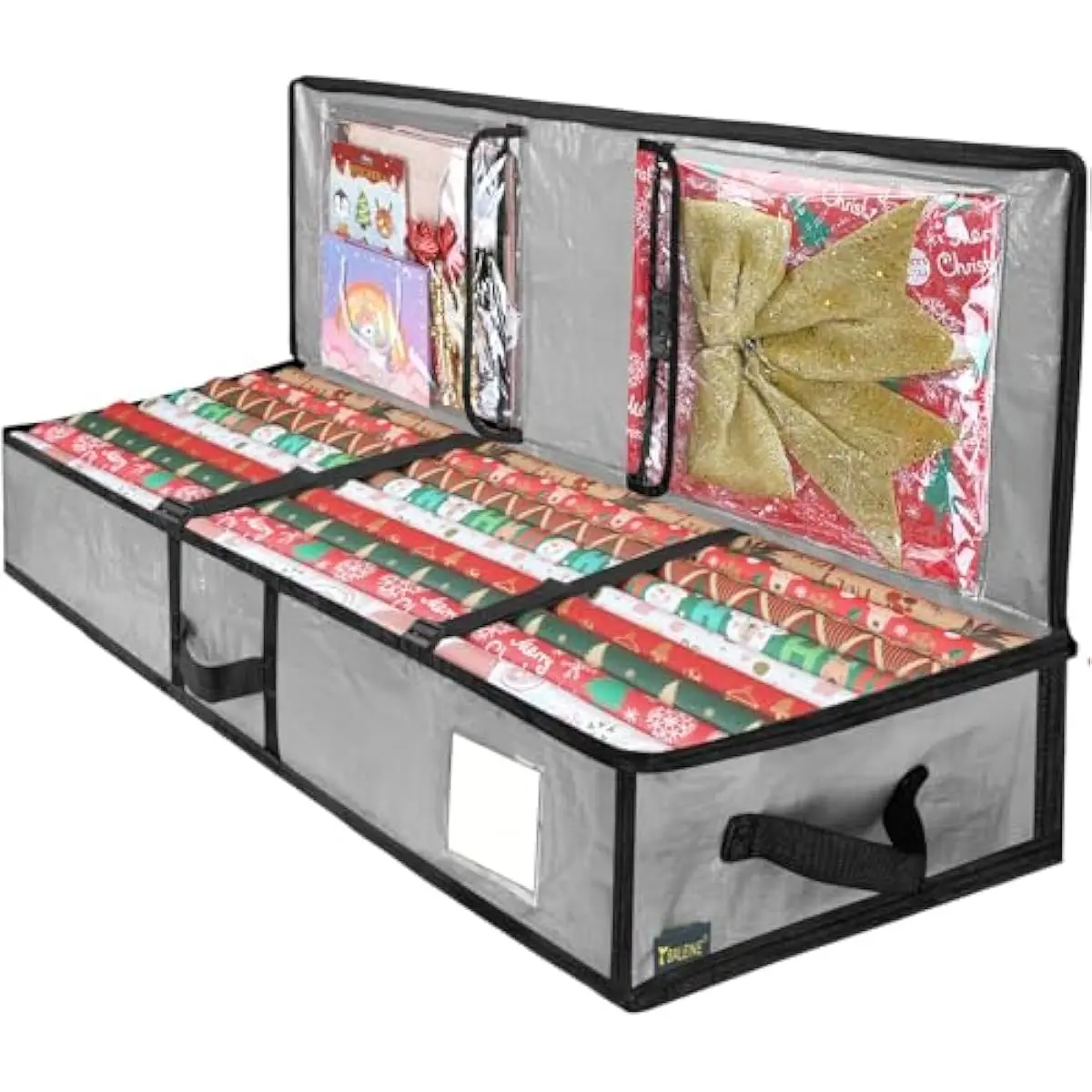 Soft Christmas Wrapping Paper Storage Bag, 40" Durable PE Gift Wrap Storage Bag with Flexible Partitions and Pockets for Ribbon, Accessories (Grey)