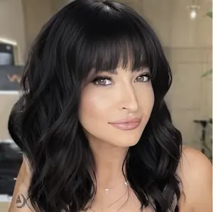 Bob Curly Wig Synthetic Short Black Wig with Bangs Natural Looking Heat Resistant Fiber Hair for Women