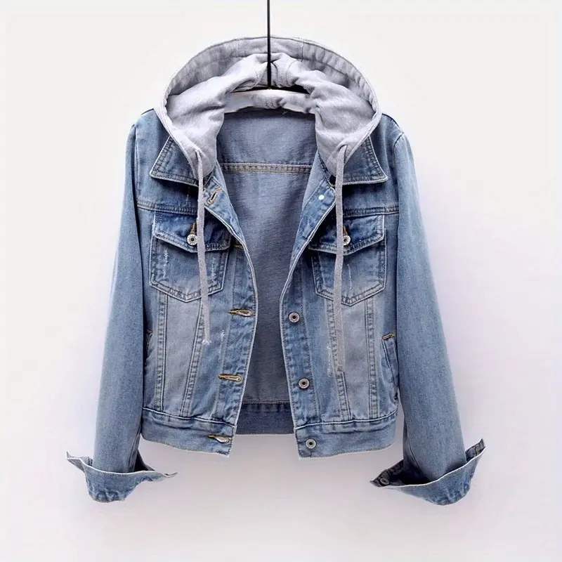 Plus Size Women's Casual Denim Jacket, Long-sleeved Hooded Short Denim Coat with a detachable hood, suitable for spring and autumn as well as any occasion.