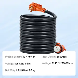 Summervibes VEVOR 30 Feet RV Power Cord, 50 Amp, Heavy Duty STW 6/3+ 8/1 Generator Cord, NEMA 14-50P Male NEMA SS2-50R Female Plug, with LED Indicator Handle 15A Adapter, for RVs, generators, campers, ETL Listed
