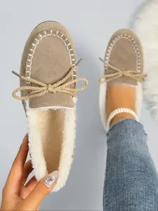 Women's Winter New Korean Style Fleece Lined Thick Warm Flat Casual Walking Shoes, One-Step Slip-On Cotton Slippers, Daily Commute Wear Rubber Footwear