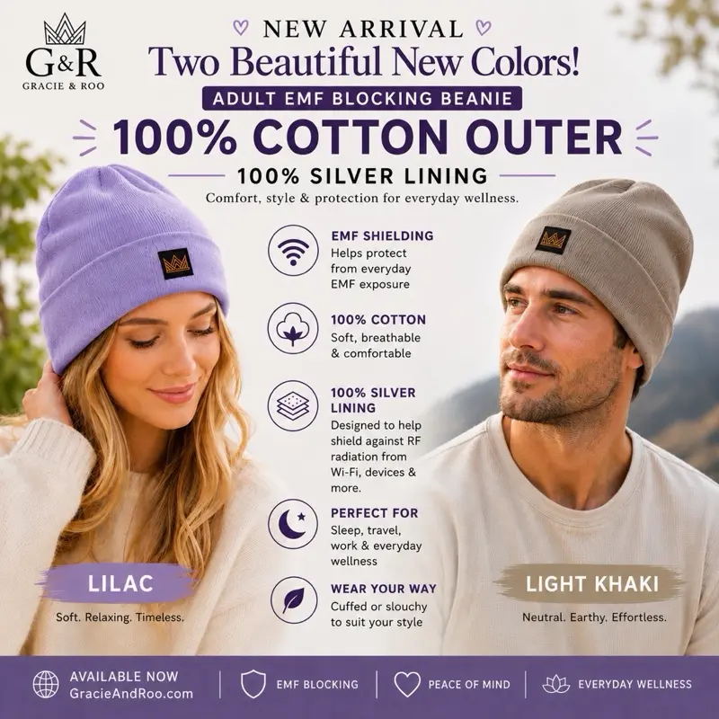 100% Cotton & 100% Silver! G&R EMF Blocking, block radiation, cuff style soft beanie.