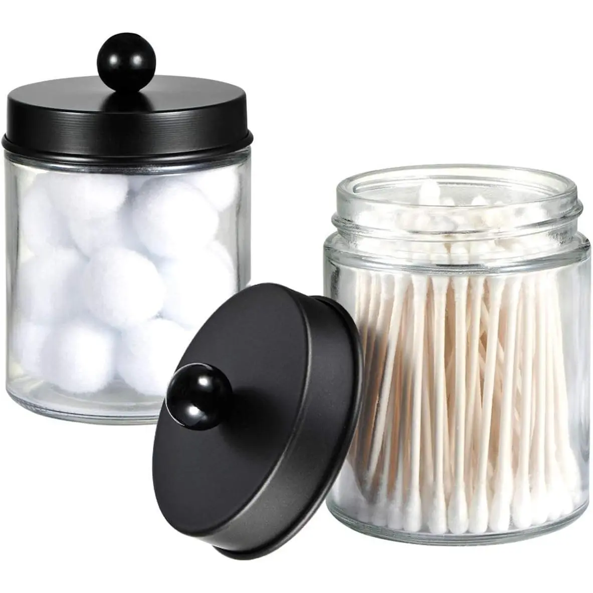 Black Glass Bathroom Storage Jars with Brushed Nickel Lids - 2-Count Vanity Canister Organizer for Cotton Swabs, Bath Salts
