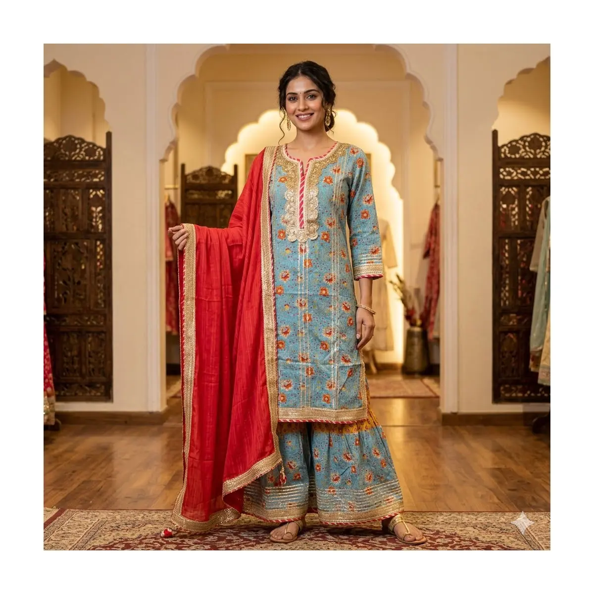 #3PS-22 Blue Floral Kurta–Sharara Set with Red Dupatta | Gota Patti Work | 3‑Piece Indian Ethnic Suit