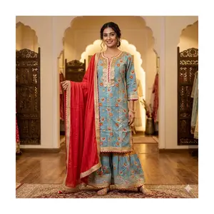 #3PS-22 Blue Floral Kurta–Sharara Set with Red Dupatta | Gota Patti Work | 3‑Piece Indian Ethnic Suit