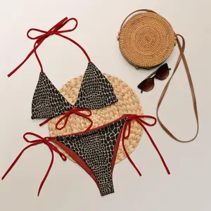 Red and Black Leopard Print String Bikini Set - Red String Triangle Top, Tie Side Bottom, Summer Beach Must-Have