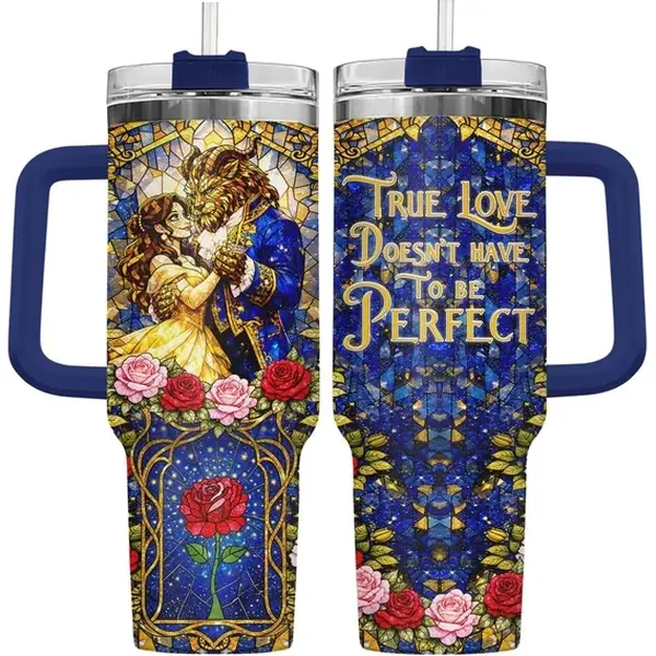 [Gift Box Included] 40oz, 20oz Beautys and the Beast Inspired Fairy Tale Romances Print Stainless Steel Tumbler with Handle and Straw Vacuum Insulated Travel Mug Fits Car Cup Holder Cool Gift for Women & Girls
