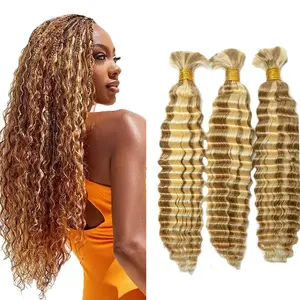 P27/613 Honey Blonde Human Braiding Hair Deep Wave Bulk 26 26 26 Inch Human Hair Weave 3 Bundle Unprocessed Brazilian Virgin Hair Blonde Deep Water Braiding Hair Extensions 50 Grams/Bun