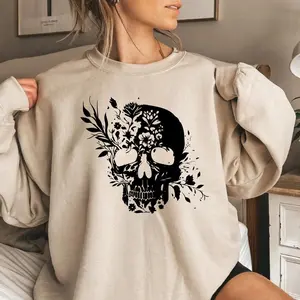 Floral Skull Hoodie – Large Black Skull With Vintage Flower Design , Boho Gothic Vibe , Aesthetic Halloween Sweatshirt , Unisex Fall Hoodie , Cozy Streetwear , Spooky Season Outfit , Soft Casual Wear  Crewneck Pullover
