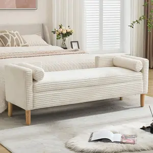 65" Large Storage Ottoman Bench with 2 Pillows, Corduroy Upholstered Entryway Bench with Wood Leg, End of Bed Bench with Straight Armrest, Window Bench for Bedroom, Entryway (White)