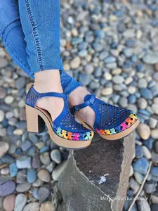 Blue Leather Huarache Wedges: Mexican High Heel Sandals