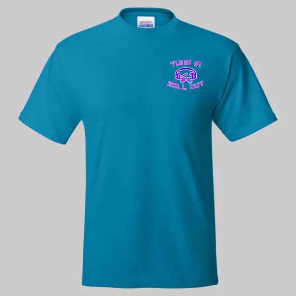 Skate.FM Men's Short Sleeve T-Shirt Teal Print Casual Summer Top Gildan Heavy Cotton Tune In Roll Out Logo
