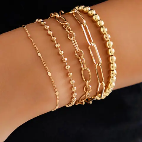 Simple Chain Bracelet & Beaded Bracelet, Metal Bracelet, Stacked Design Bracelets, Summer 2024 Bangles Set, Casual Stackable Matching Bracelet, All-match Jewelry, Streetwear Accessories As Friendship Bracelets, for Fall