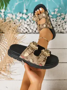 Summer women's fashionable retro Vintage floral sandals, personalized bat button open toe thick soled slippers, comfortable beach flat sandals, daily trendy matching, Comfy Sandals