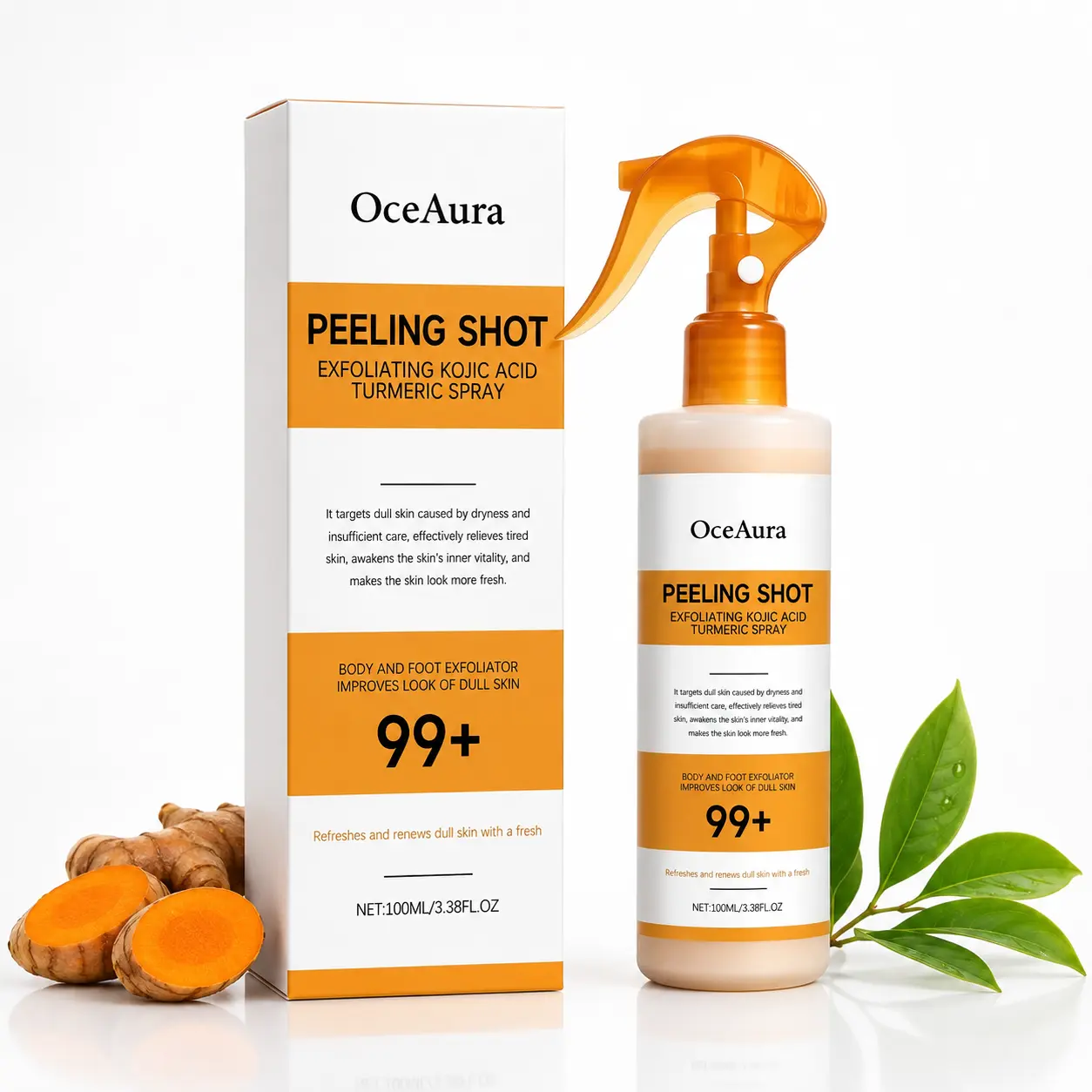 OceAura Peeling Shot Exfoliating Spray with Kojic Acid and Turmeric, 100 mL Body and Foot Exfoliator for Dry, Rough, Uneven and Dull-Looking Skin moisturizer face