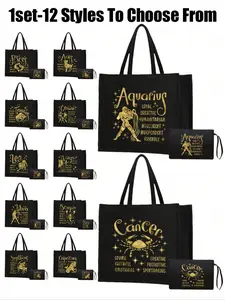 Zodiac Pattern Handbag Set, Linen Bag, Makeup Pouch, Storage Bag, Travel Cosmetic Bags, Personal Item Bag, Personalized Gift, Perfect for Women, Mothers, Teachers