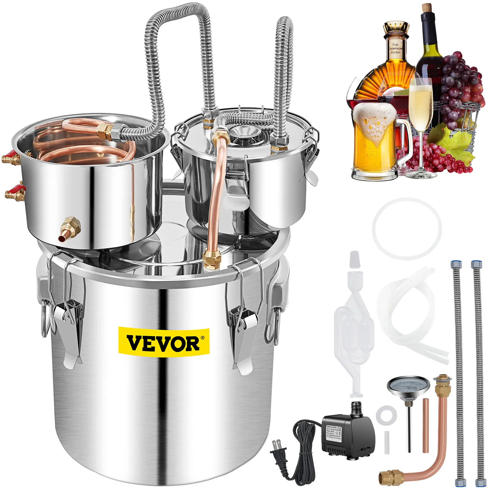 【summerfinds】VEVOR Alcohol Still, Various specifications, Stainless Steel Water Alcohol Distiller Copper Tube Home Brewing Kit Build-in Thermometer for DIY Whisky Wine Brandy, Silver Utensils Ceramic Flexible Pump，Home Brewing Alcohol Still Kit