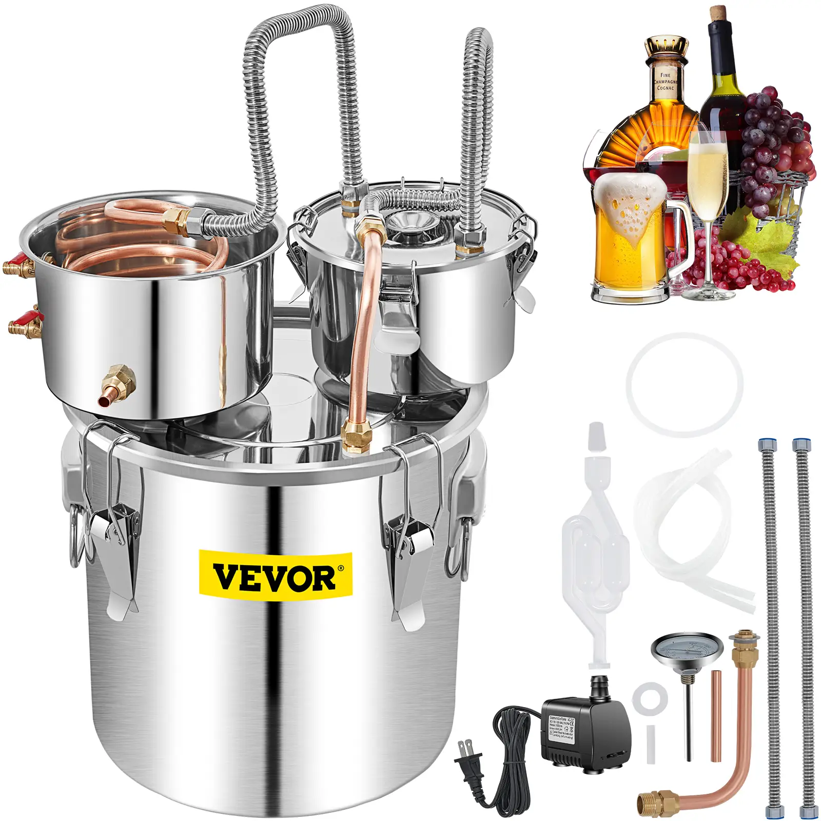 VEVOR Alcohol Still, Various specifications, Stainless Steel Water Alcohol Distiller Copper Tube Home Brewing Kit Build-in Thermometer for DIY Whisky