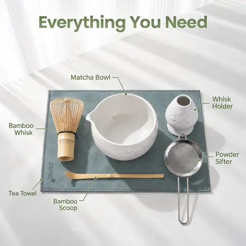ZENS 15oz (450ml) Non-Toxic Porcelain Heat-Resistant Matcha Making Kit - Traditional Japanese Tea Tools with Cotton Accessories, Bamboo Whisk, Matcha Bowl for Adults, Home Tea Ceremony Gifts