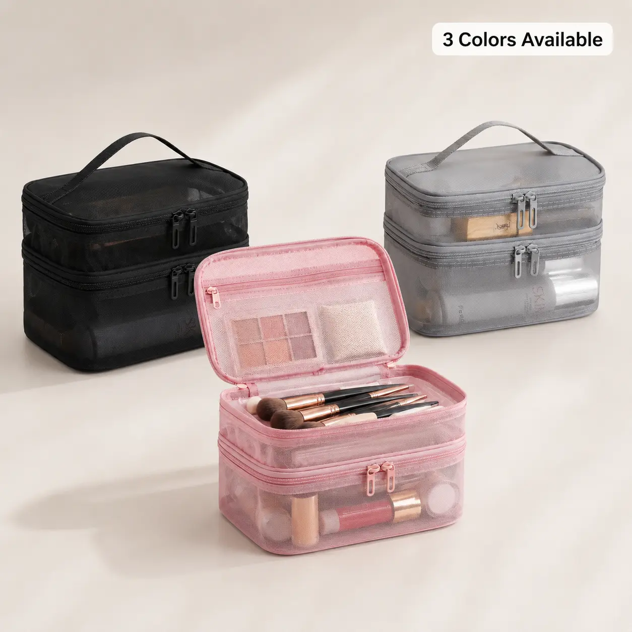 Double-Layer Mesh Makeup Organizer Bag - Large Capacity Makeup Pouch with Mesh Compartments, Dual Zipper Compartments, Portable Home & Travel Toiletry Storage Case