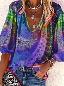 Plus Size All Over Paisley Print Button Front Fitted Blouse, Shirt, Boho Bishop Sleeve Notched Neck Top for Spring & Fall, Women's Plus Clothes for Daily Wear, Bohemian, Casual, Fashion, Womenswear