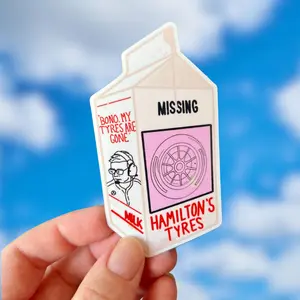 Lewis Hamilton "Missing Tyres" milk carton sticker
