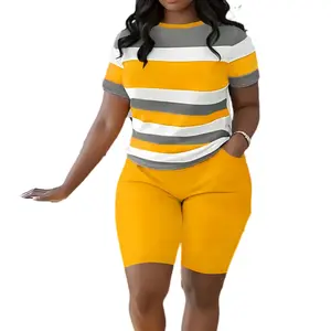 2026 New Striped 2 Piece Set For Women, Short Sleeve Crew Neck T-Shirt, Comfy Casual Outfit Summer Sweatsuits Slim Fit Track Suits Biker Short Workout Jogger Sets Summervibes