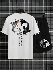 Men's Classic Twin Fish Print Round Neck Short Sleeve Casual T-Shirt + Waist Drawstring Shorts Set, Outdoor Leisure 2 Piece Pack, Outfit