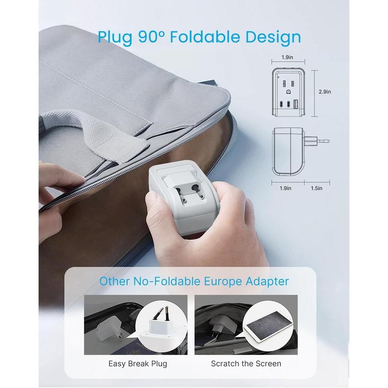 SQ-APT018 1 Pack European Travel Plug Adapter,  Foldable International Power Plug with 2 AC Outlets 3 USB Ports(2 USB C), Type C Travel Essentials Charger for US to Most of Europe EU Italy Spain France