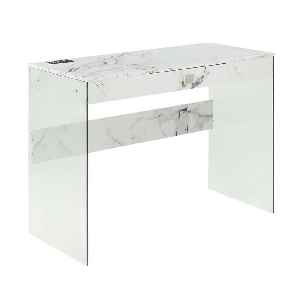 Tempered Glass Office Desk with Charging Ports, Faux White Marble Effect, Sturdy Frame, Easy Setup for Modern Workspace