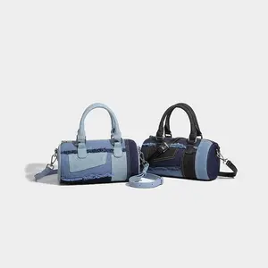 RIVERICH Featuring a niche design and patchwork denim diagonal bowling bag, the 2024 Fall New Versatile Boston Pillow Bag Purse Style shoulder bags crossbodybagwomen work bag SpringStatements