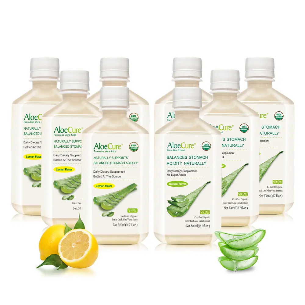 AloeCure Organic Aloe Vera Beverage - 8-Bottle GMO-Free Vegan Sample Pack - Lemon, Natural Flavors, 8x500ml, Gluten Free
