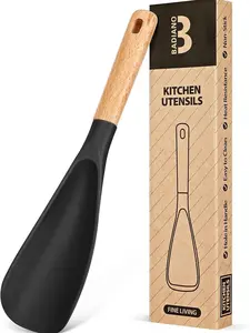Cooking Spoon for Nonstick Cookwares, Great for Cooking and Serving Sturdy Matte Silicone, Wood Handle Spoon for Mixing, Scoop, and Scrape (BLACK, 11.4 inch)