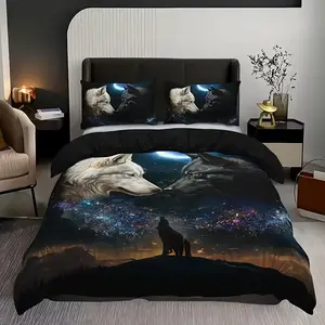3-Piece Decorative Bedding Set (quilt Cover + 2 Pillowcases), Aurora Wolf Pattern, Soft Comfortable, Perfect Gift for Animal Lovers