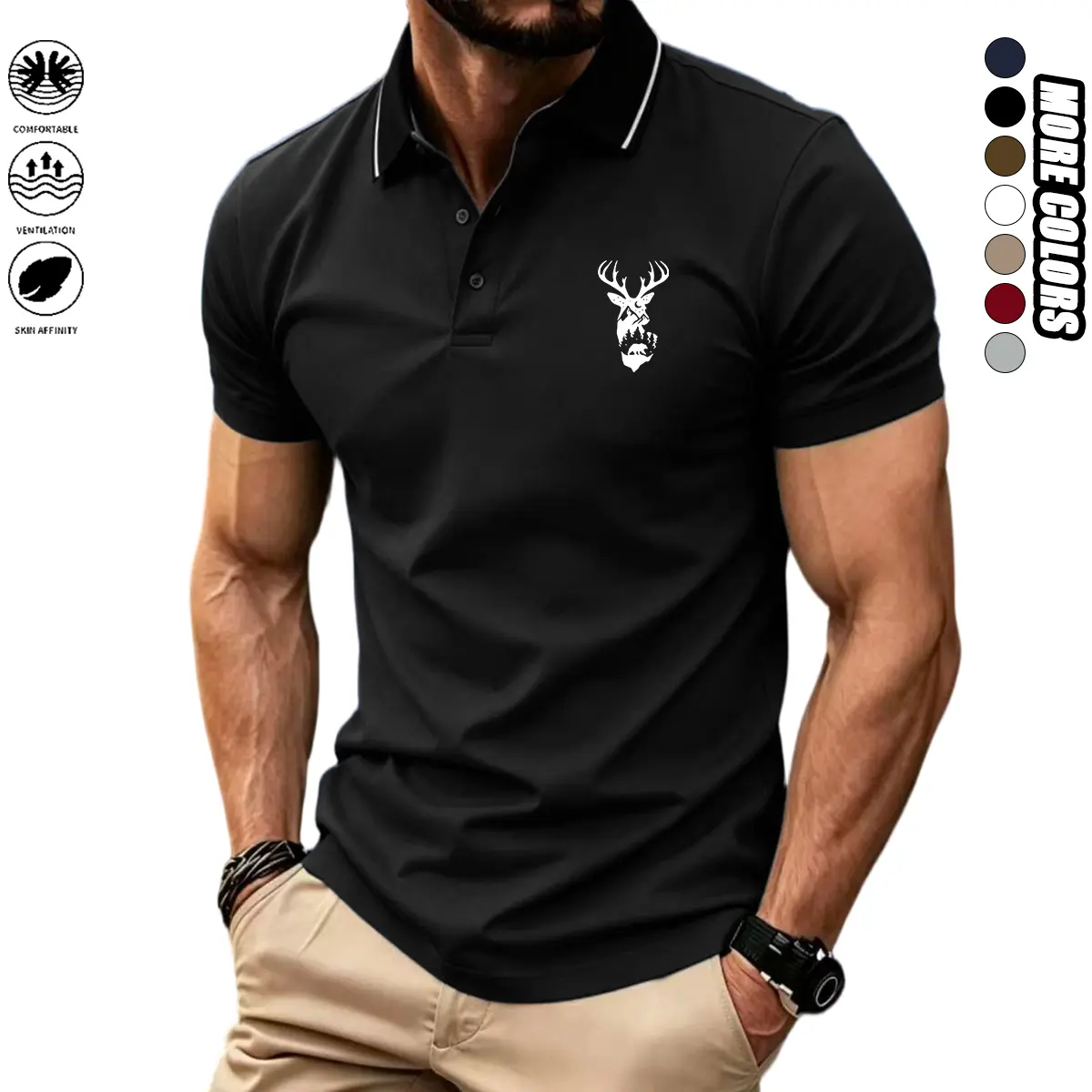 Men's Short-Sleeve Button Polo Shirt - Menswear Top, Printed Pattern, Summer Wear, Ideal for Everyday Casual & Business Casual Outfits