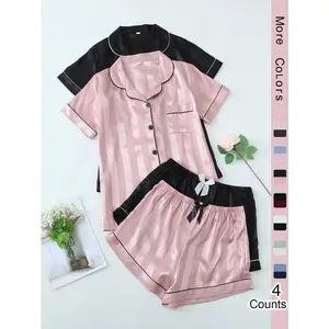 Women's Striped Jacquard Contrast Binding Satin Pyjama Set, Casual Pocket Button Lapel Shirt & Bow Decor PJ Shorts, Ladies Sleepwear for All Seasons, Pajamas chic
