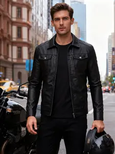 Men's Fashion Faux Leather Fitted Plain Biker Jacket, Streetwear Outdoor Trendy Coat, High-Quality Casual Versatile Jacket, Must-Have Fall Clothing, fall outfits, Long Sleeve