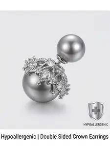Women's Hypoallergenic Reversible Double Sided Crown Design Gray Shell Pearl Stud Earrings, Silver Plated Rhinestone Inlaid Luxury Front Back Wear Earrings, Fashion Jewelry for Evening Party Wedding & Gift