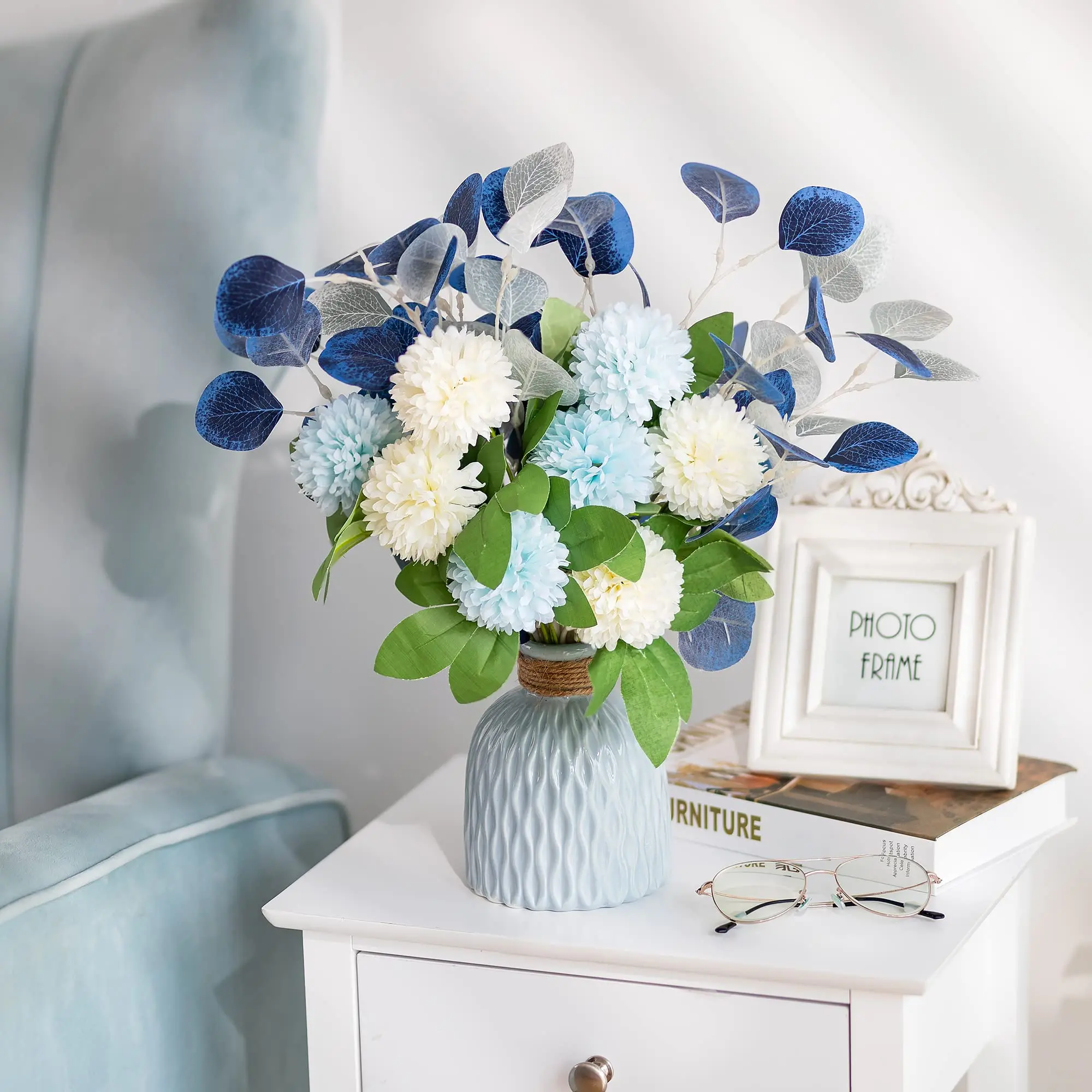 Fake Flowers in Vase Decoration Artificial Silk Flower Bouquet with Vases for Table Centrepiece Decor Blue Ceramic Vase Faux Floral Arrangement Display for Garden Wedding Party Living Room Window summerwins