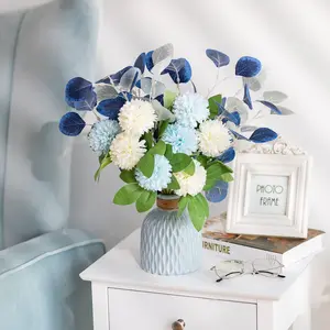 【Mother's Day Gift】Fake Flowers in Vase Decoration Artificial Silk Flower Bouquet with Vases for Table Centrepiece Decor Blue Ceramic Vase Faux Floral Arrangement Display for Garden Wedding Party Living Room Window