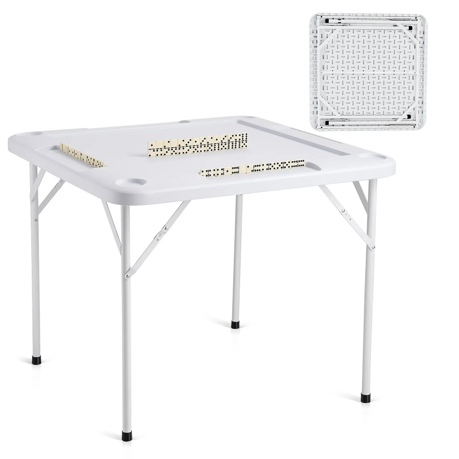 VEVOR Mahjong Table, Square 4 Player Folding Card Table with 4 Cup Holders & 4 Chip Trays, Portable Domino Game Table with 1 Set of Dominoes for Mahjong Poker Puzzles, 35.4 x 35.4-inch, WhiteSummervibes
