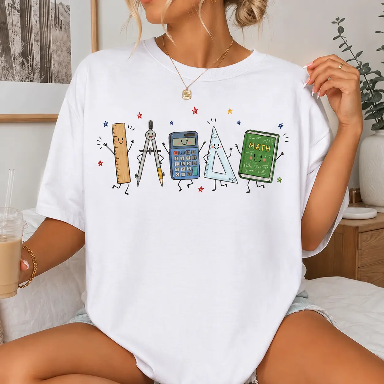 Women’s math educator T-shirt, cute doodle math instructor tee, soft fabric academic coach gift top, classic teacher appreciation women’s apparel
