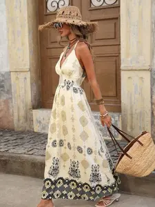 Women's Summer Boho Halter Dress with Embroidered Patchwork & Split Hem for Beach Vacation Outfits White Sleeveless A Line Midi Dress - Casual, Fabric