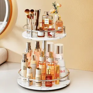 Makeup Skincare Organizer for Vanity - Rotating Perfume Cosmetic Display Bathroom Marble Tray 2 Tier Spinning Lazy Susan, White