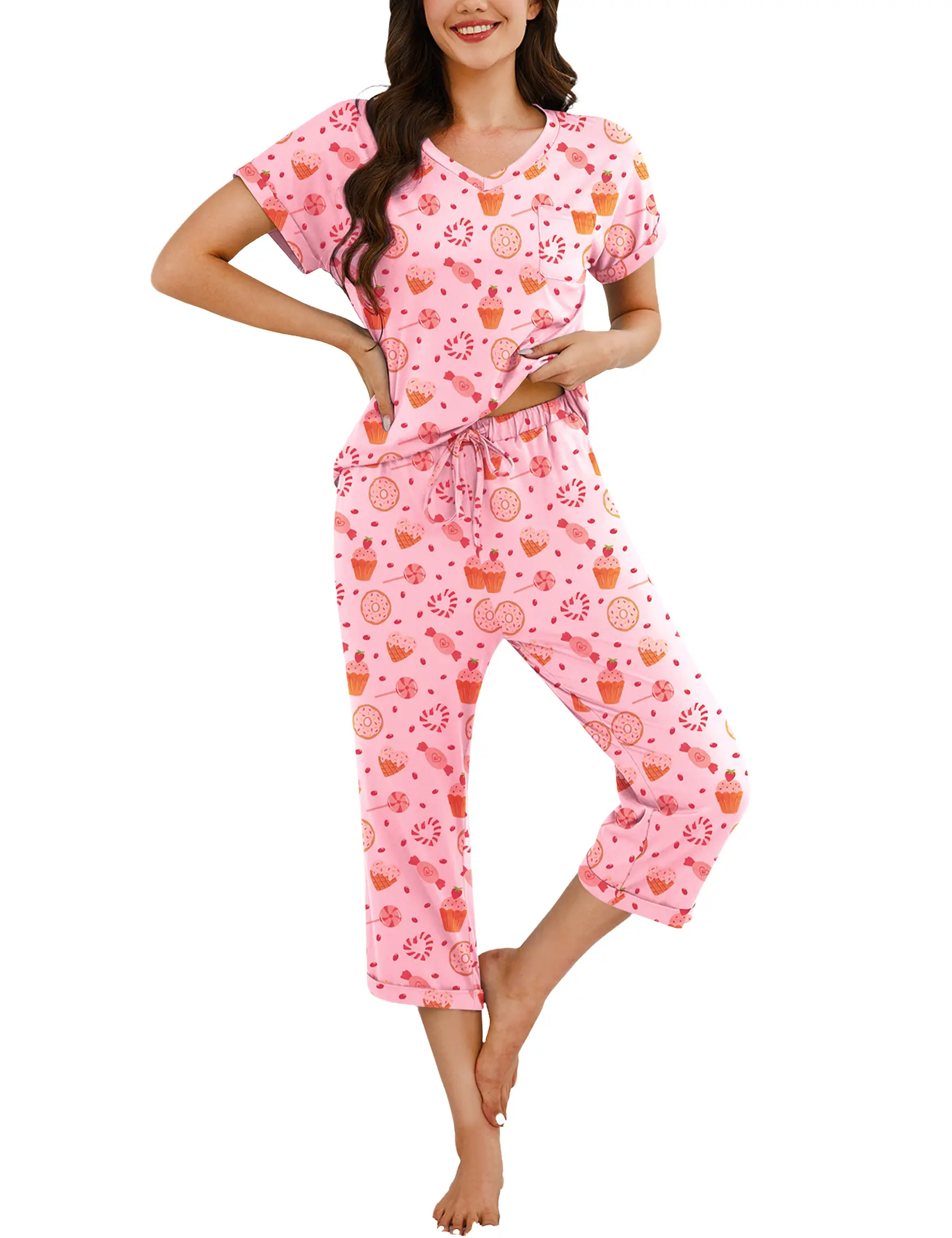 MARVMYS Women's 2-Piece Soft Pajama Set - Short-Sleeve V-Neck Top & Printed Capri Pants, Everyday Relaxed-Fit Polyester Nightwear with Elastic Waist, Pockets, Cake-Print Design, Pj Sets For Women, Cute Pajamas, Spring, Pajama Sets Women