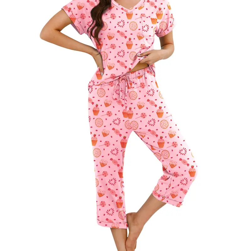 MARVMYS Women's 2-Piece Cake Print Casual Pajama Set - Short-Sleeve Deep V-Neck Top, Printed Capri Pants, Relaxed-Fit Buttery Soft Breathable Polyester Loungewear with Elastic Waist, Pockets, 2 Piece Pants Set Women