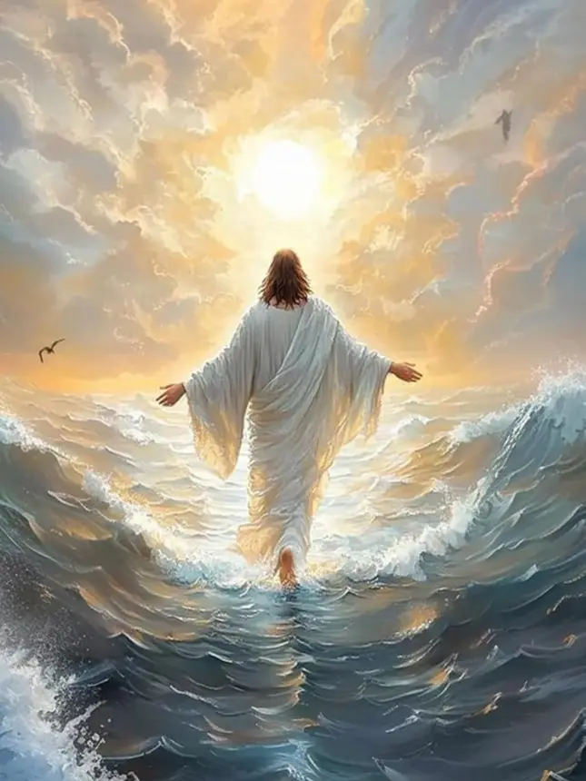 5D Full Drill Diamond Painting Kit Sunrise Ocean Walking Christian Jesus Spiritual Art, Faith DIY Craft Home Wall Decor