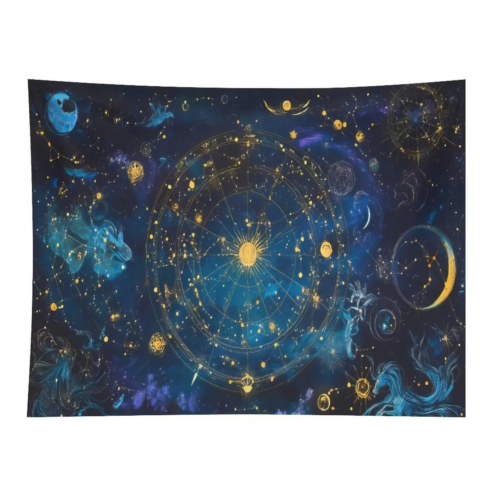 Deep Blue Golden Zodiac Wheel Constellation Starry Night Astrology Wall Tapestry Wall Hanging, Cosmic Sun Moon Witchy Celestial Decor for Spiritual Meditation Room Backdrop