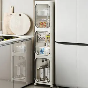 No Installation Foldable Movable Narrow Cabinet Black White Universal Wheels Magnetic Transparent Door Waterproof Dustproof Large Capacity Kitchen Toilet Bedroom Storage Cabinet
