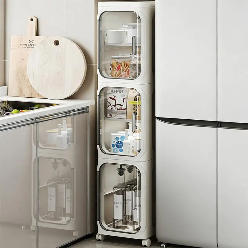 No Installation Foldable Movable Narrow Cabinet Black White Universal Wheels Magnetic Transparent Door Waterproof Dustproof Large Capacity Kitchen Toilet Bedroom Storage Cabinet